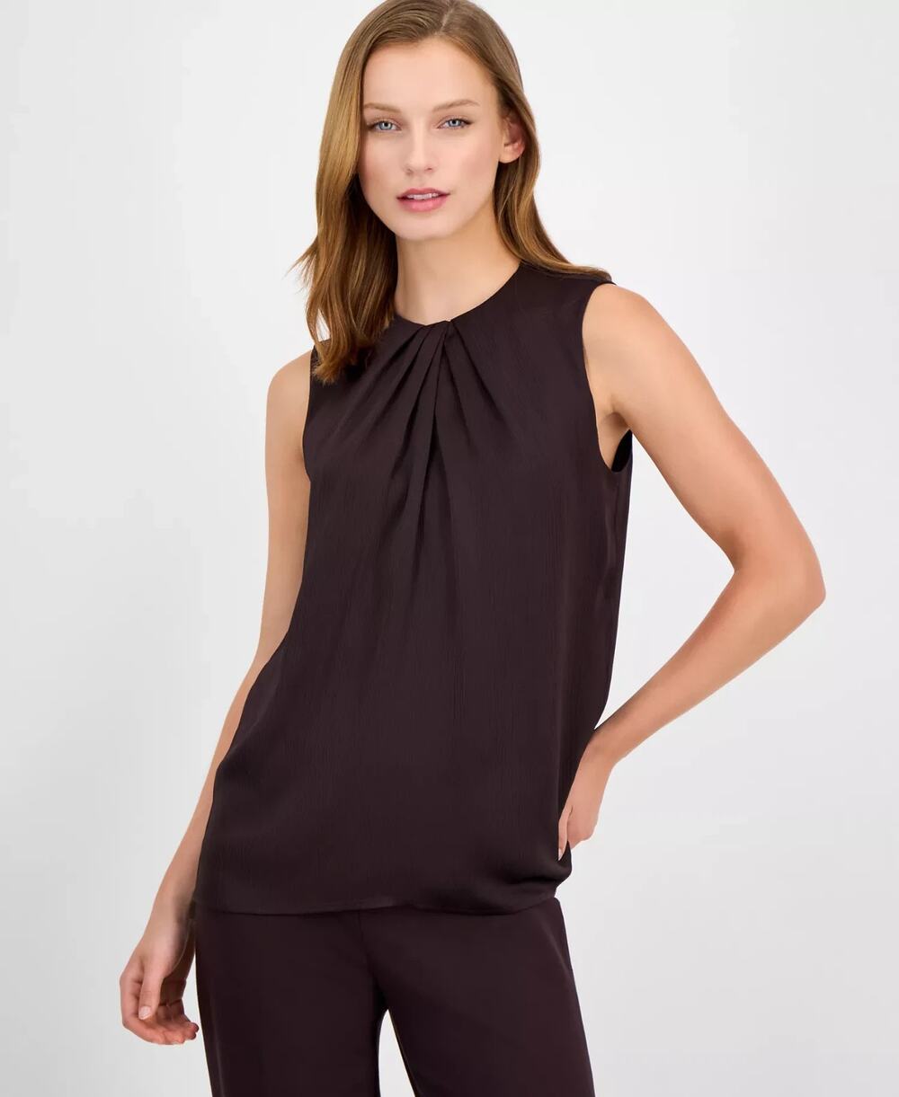 Anne Klein Top Womens Large Deep Mahogany Textured Pleated Twist-Neck Preppy NWT